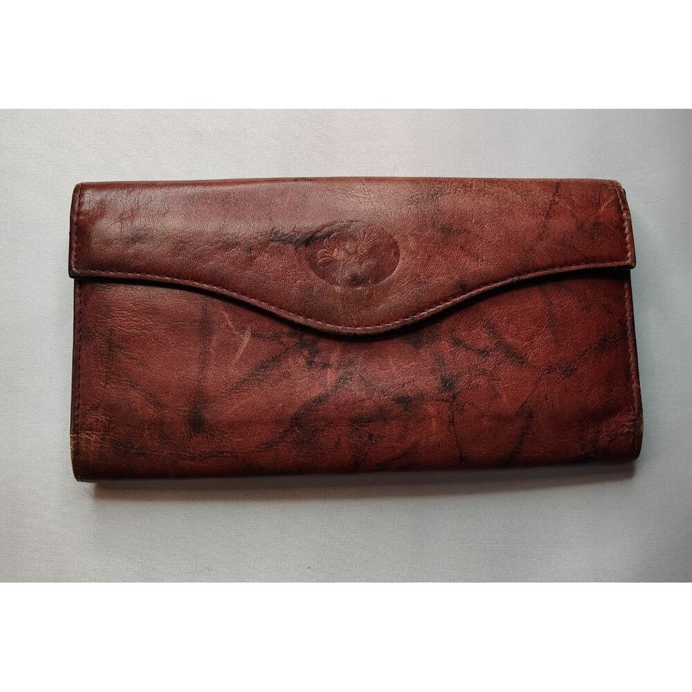 Vintage Buxton Leather Wallet Oxblood Marbled Cowhide Snap ID Organizer 90s